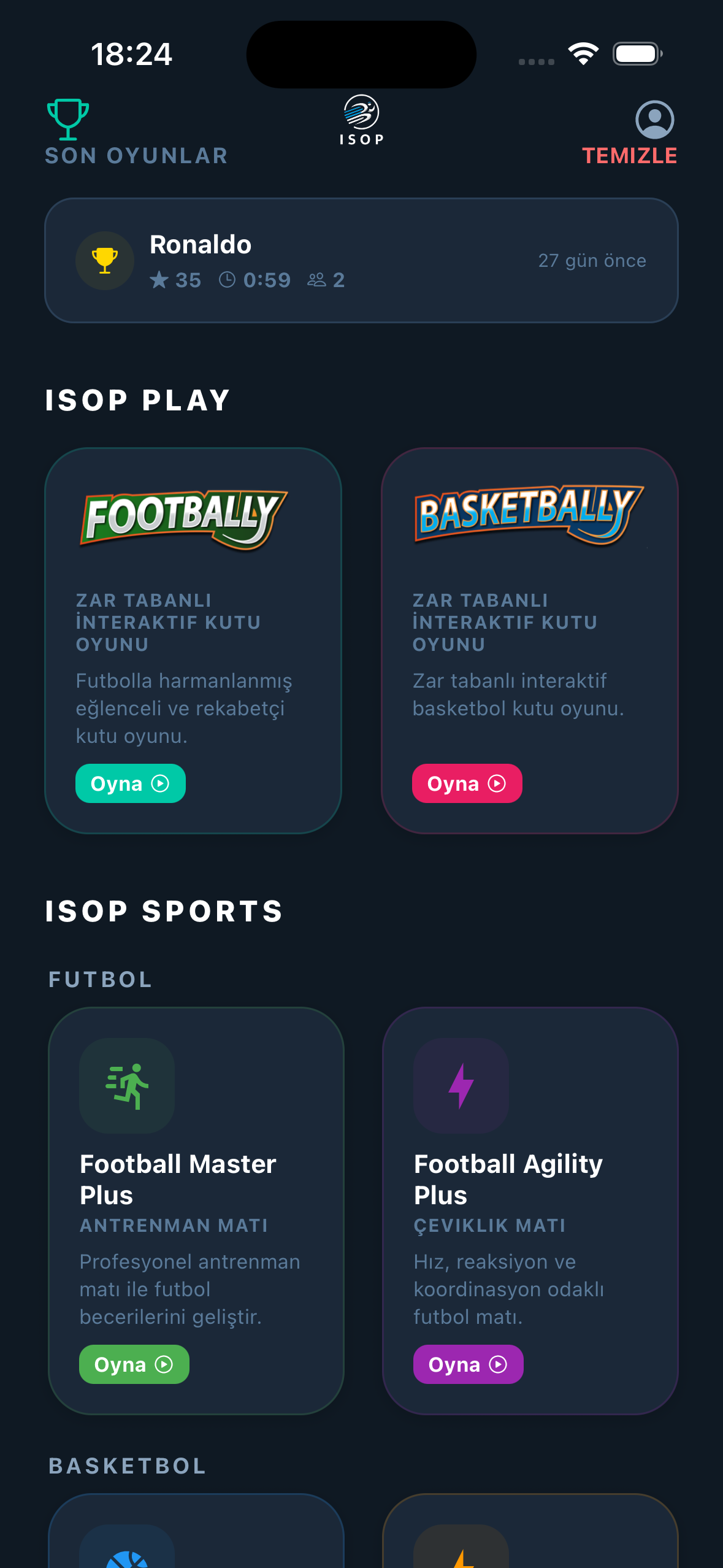 ISOP App Sports Category Screen